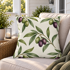 Cream outdoor pillow with watercolour olive branches, second view