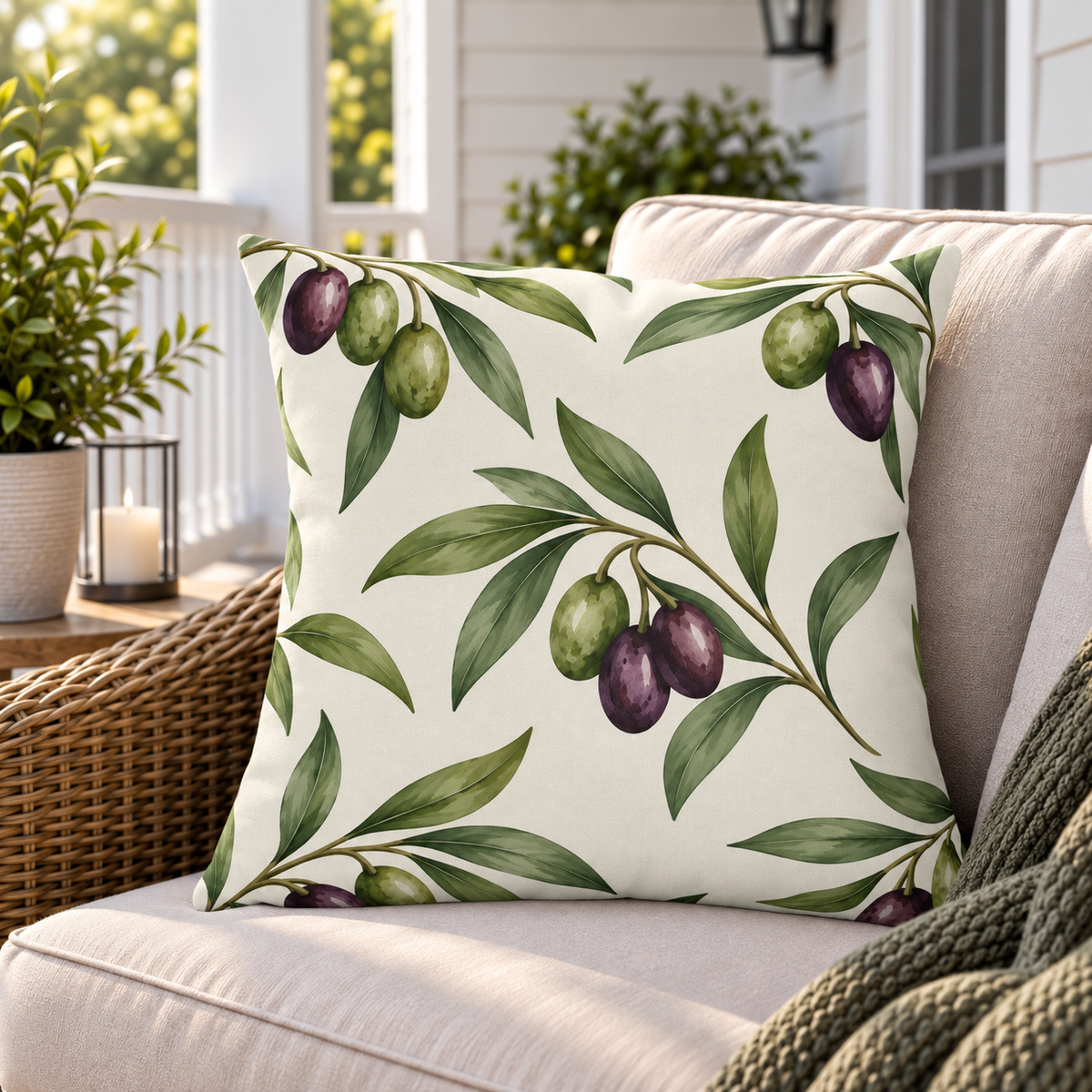 Cream outdoor pillow with watercolour olive branches, second view