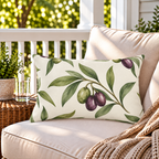 Cream outdoor lumbar pillow with watercolour olive branches, second view