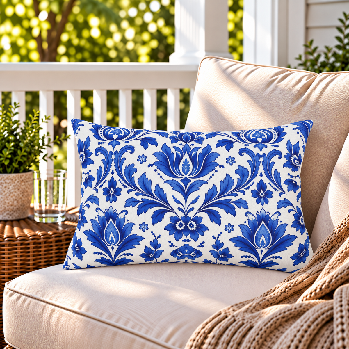 White outdoor lumbar pillow with cobalt blue delft damask, second view