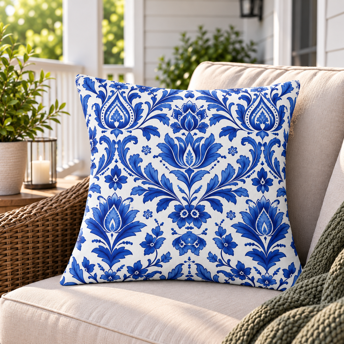 White outdoor pillow with cobalt blue delft damask, second view