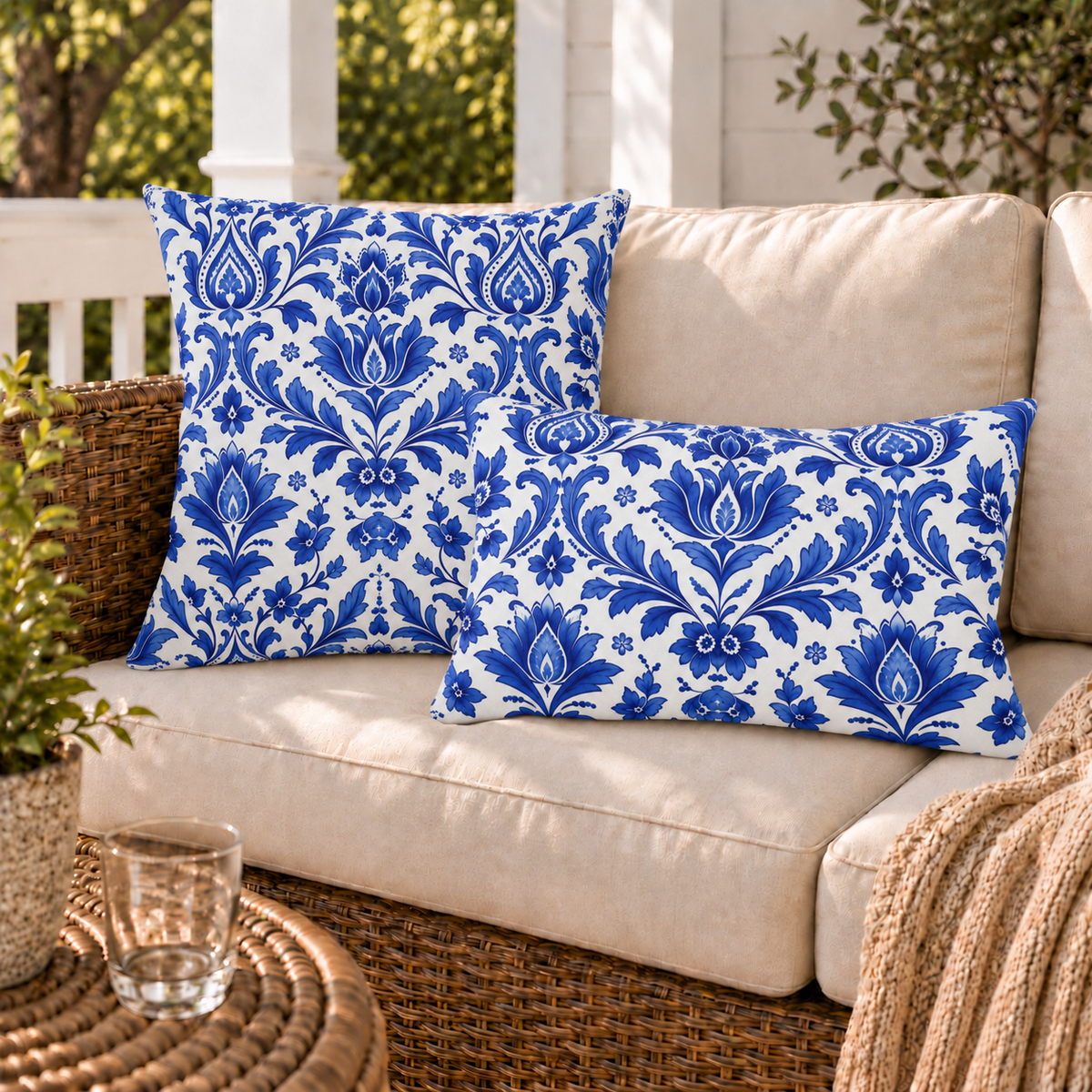 Cobalt blue tulips, leaves and scrollwork on white in delft style