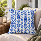 White outdoor pillow with vertical blue tulip and vine stripes, second view