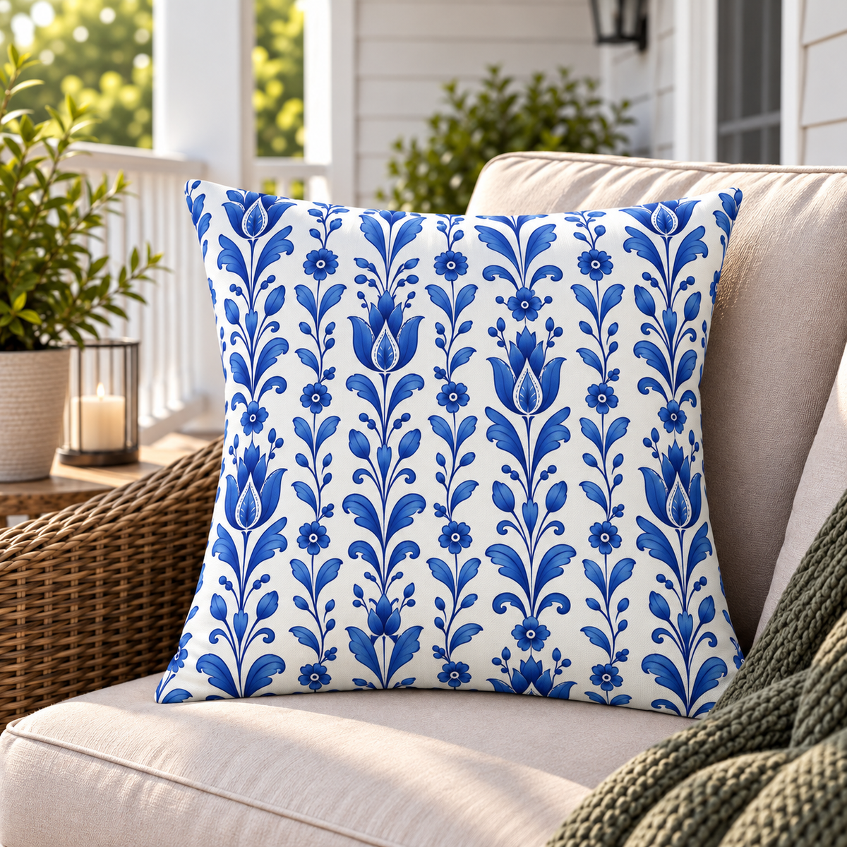 White outdoor pillow with vertical blue tulip and vine stripes, second view