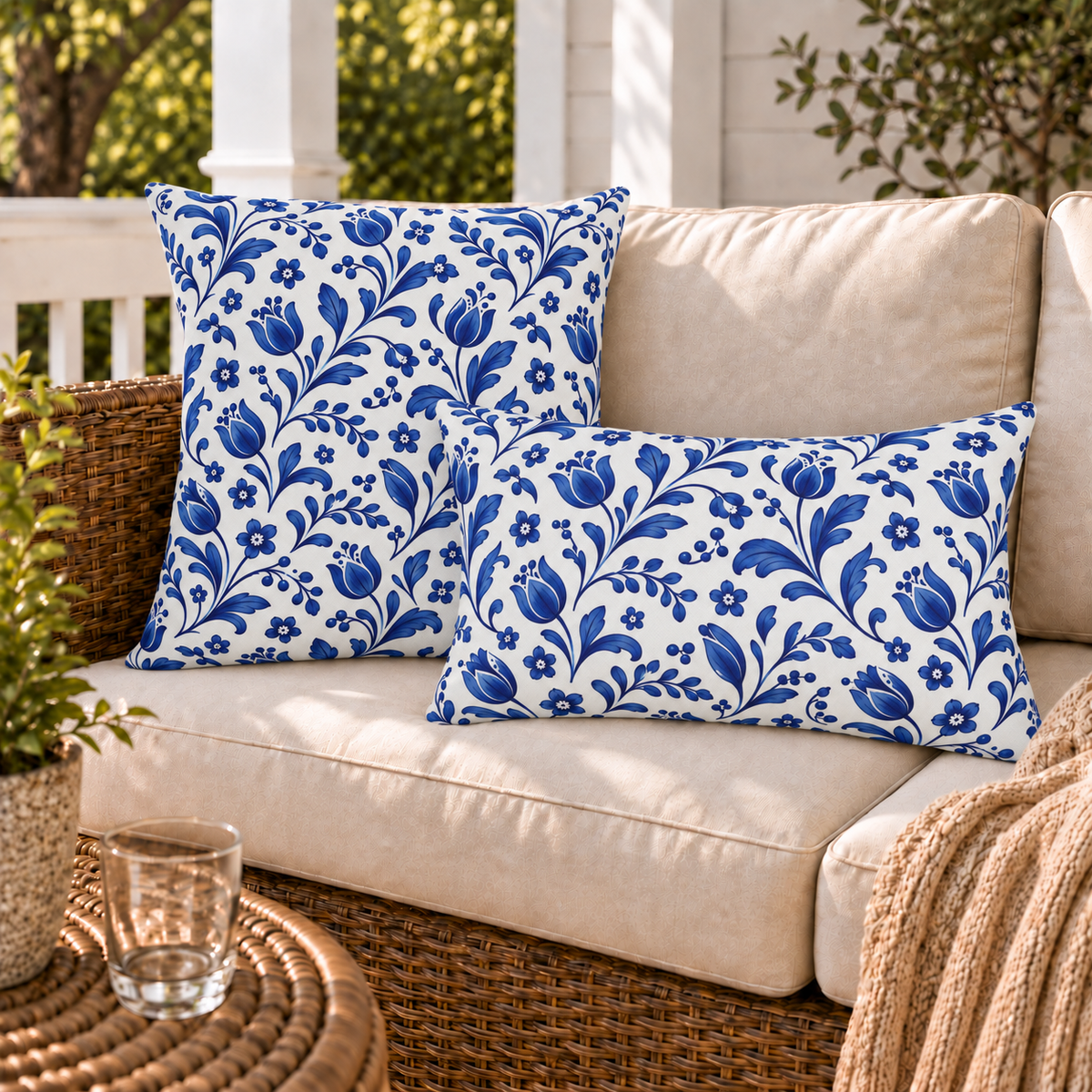 Cobalt tulips, berries and five-petal flowers scattered across white