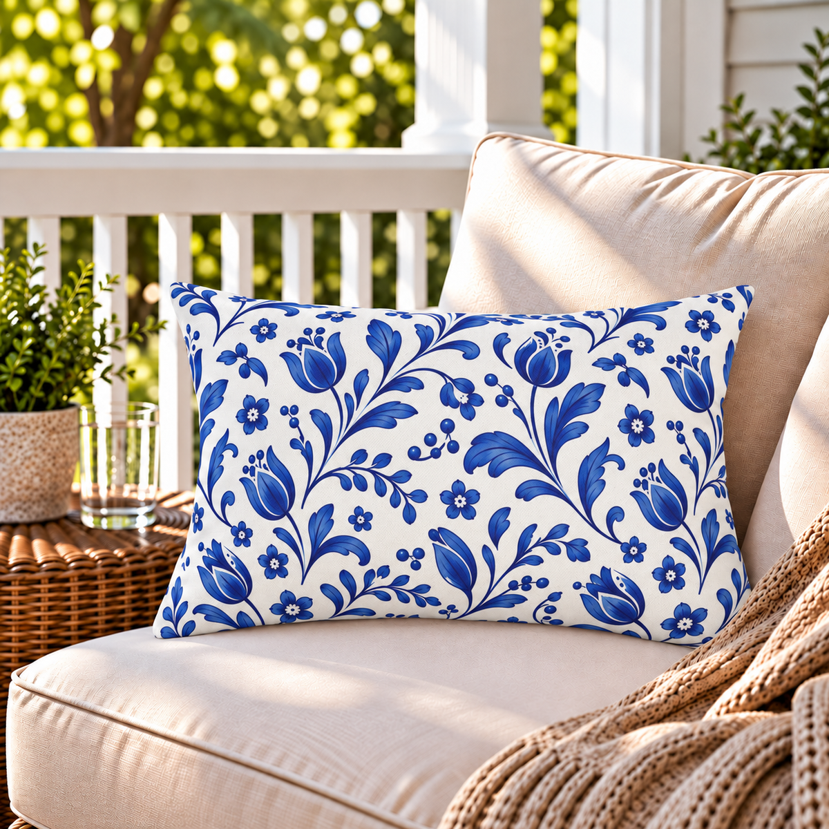 White outdoor lumbar pillow with scattered blue folk flowers, second view