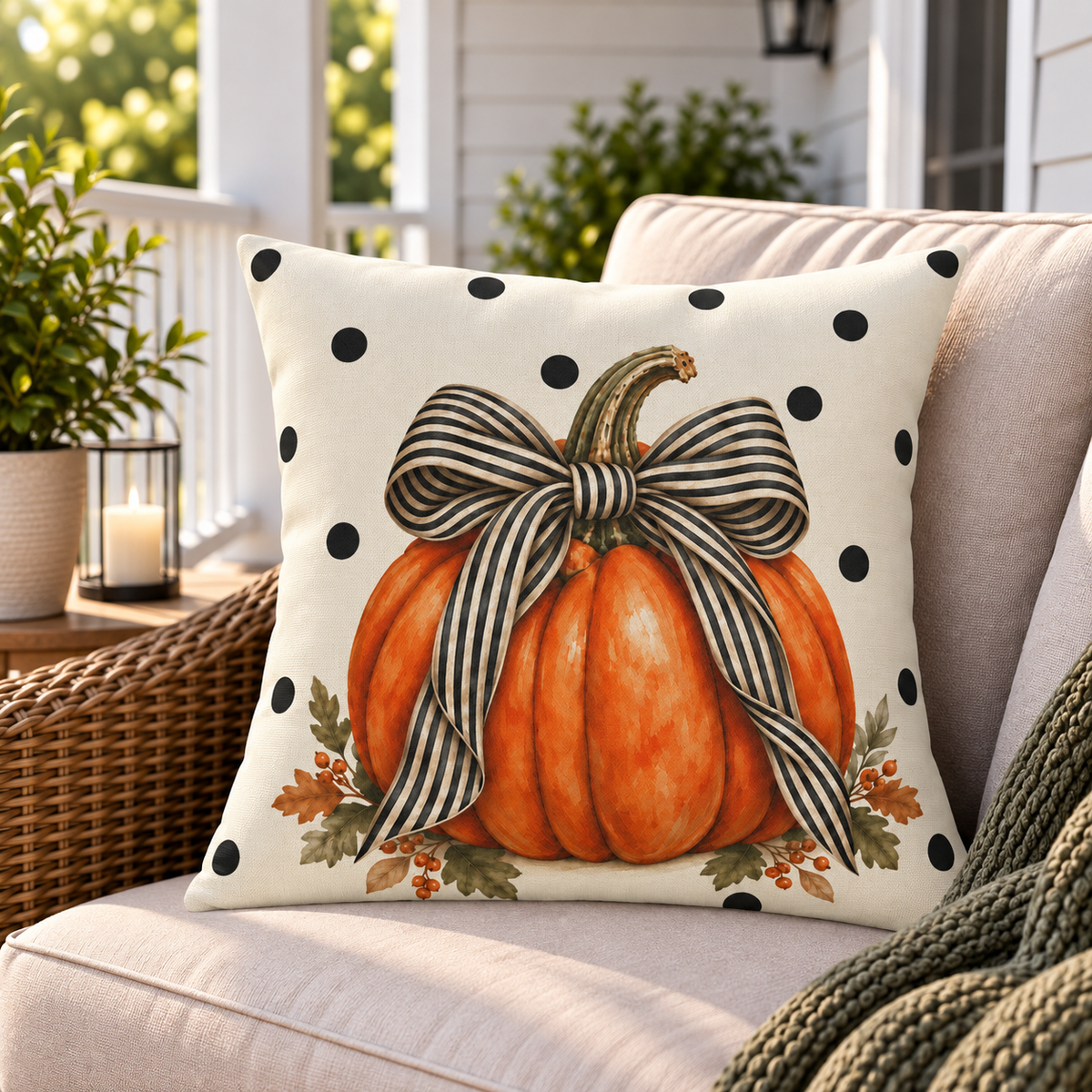 Black polka dot pumpkin outdoor pillow styled on a porch