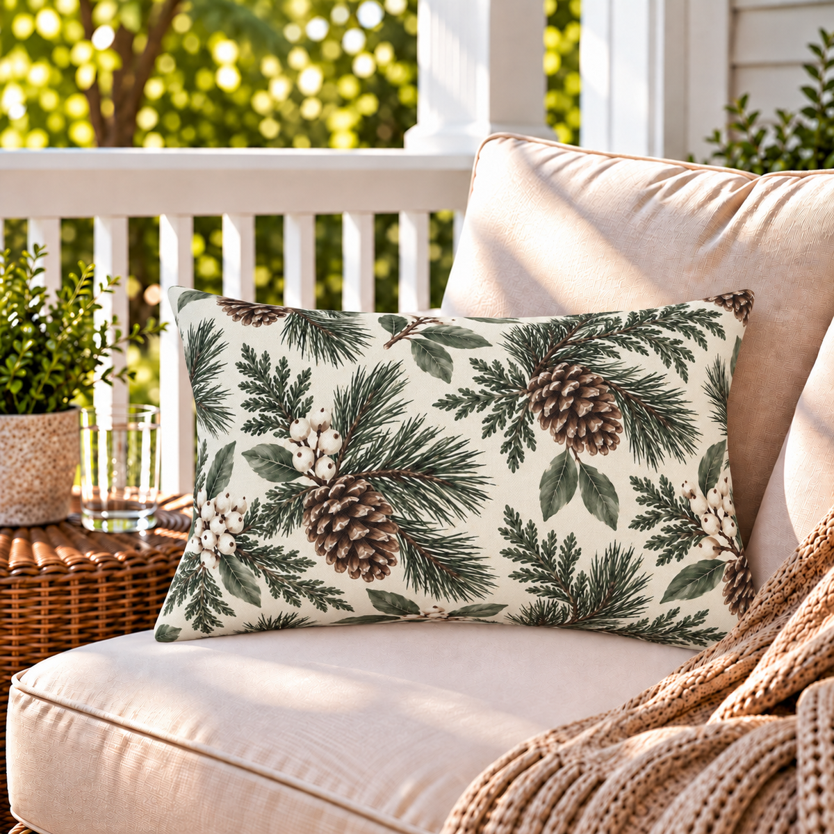 Cream outdoor lumbar pillow with winter greenery and pinecones, second view