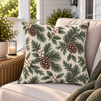 Cream outdoor pillow with winter greenery and pinecones, second view