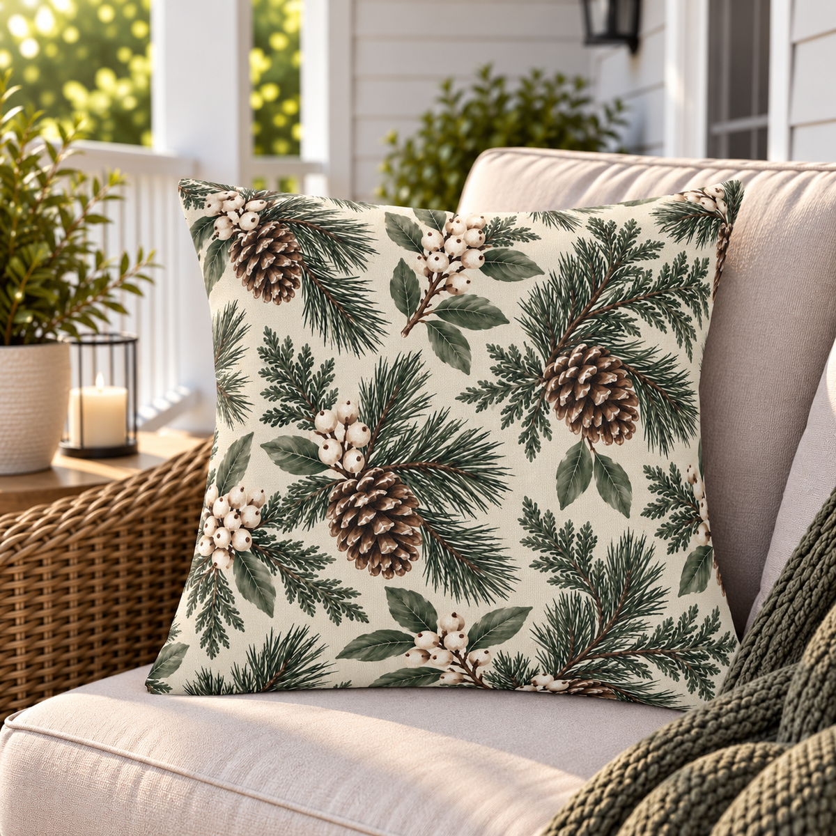 Cream outdoor pillow with winter greenery and pinecones, second view