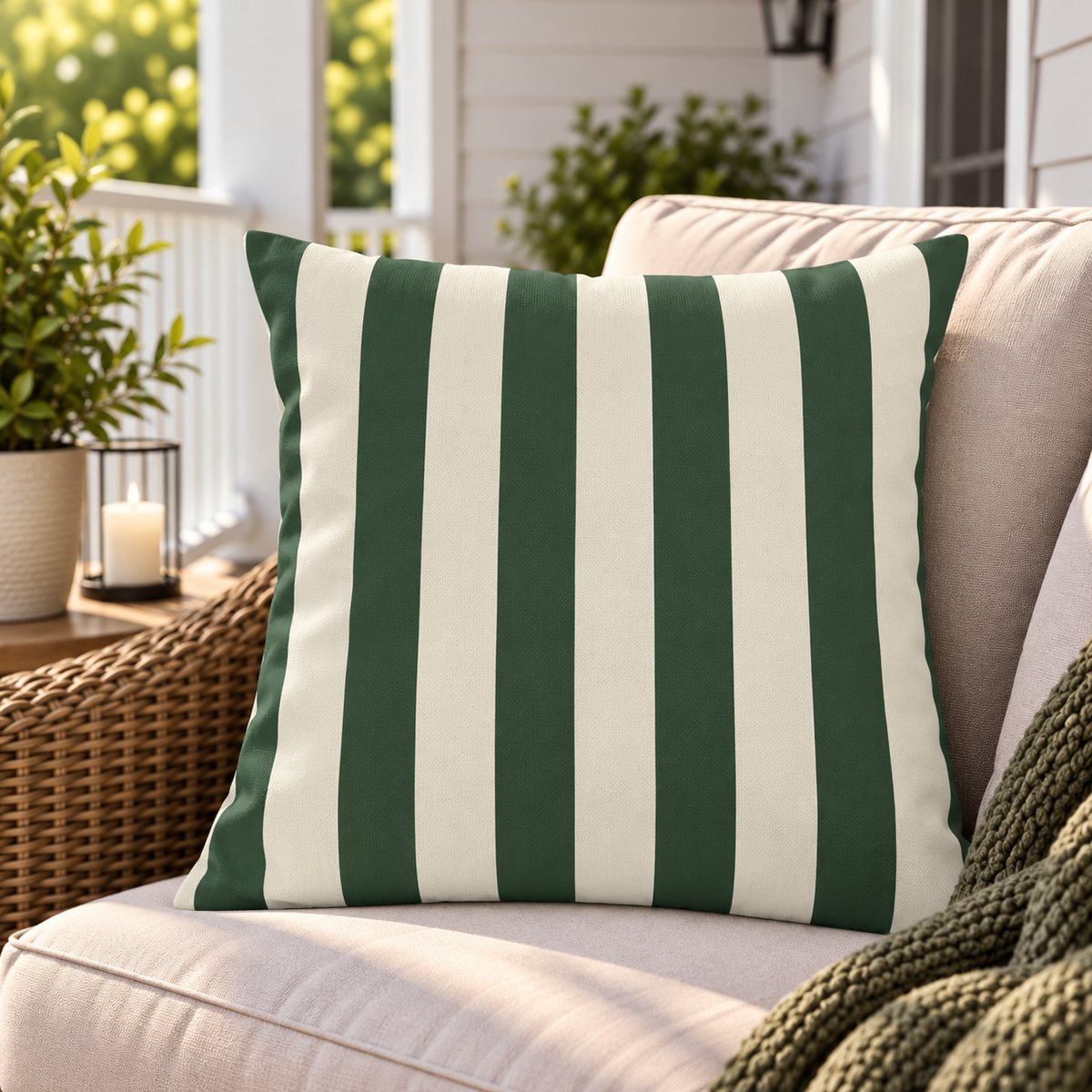 Forest green and cream striped outdoor pillow, second view