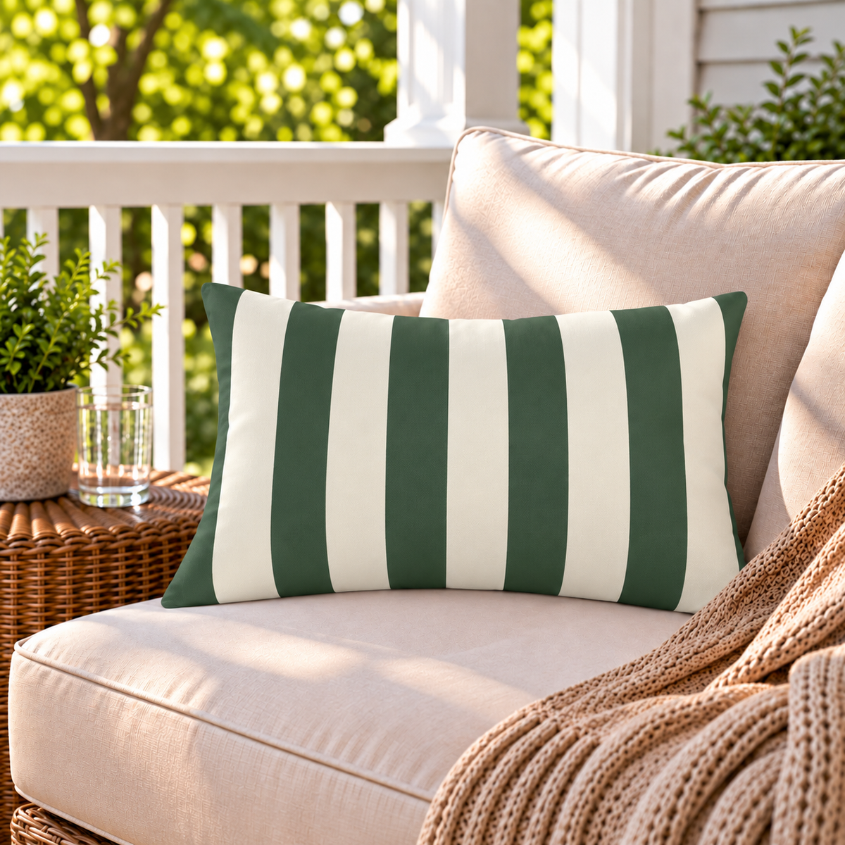 Forest green and cream striped outdoor lumbar pillow, second view