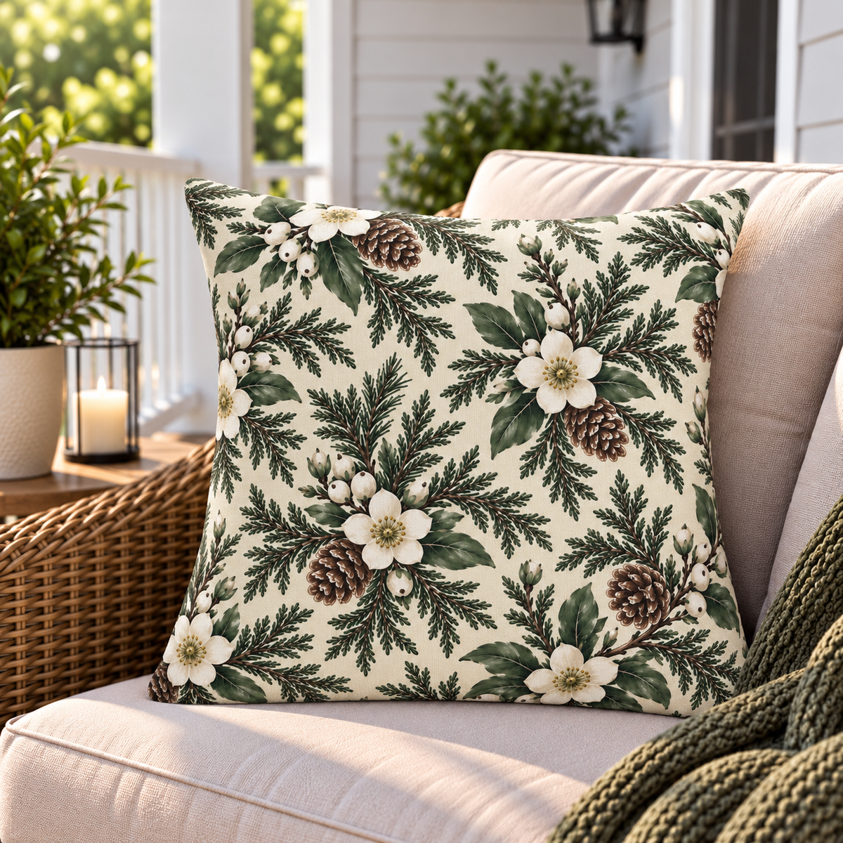 Cream outdoor pillow with white winter blooms and evergreen, second view