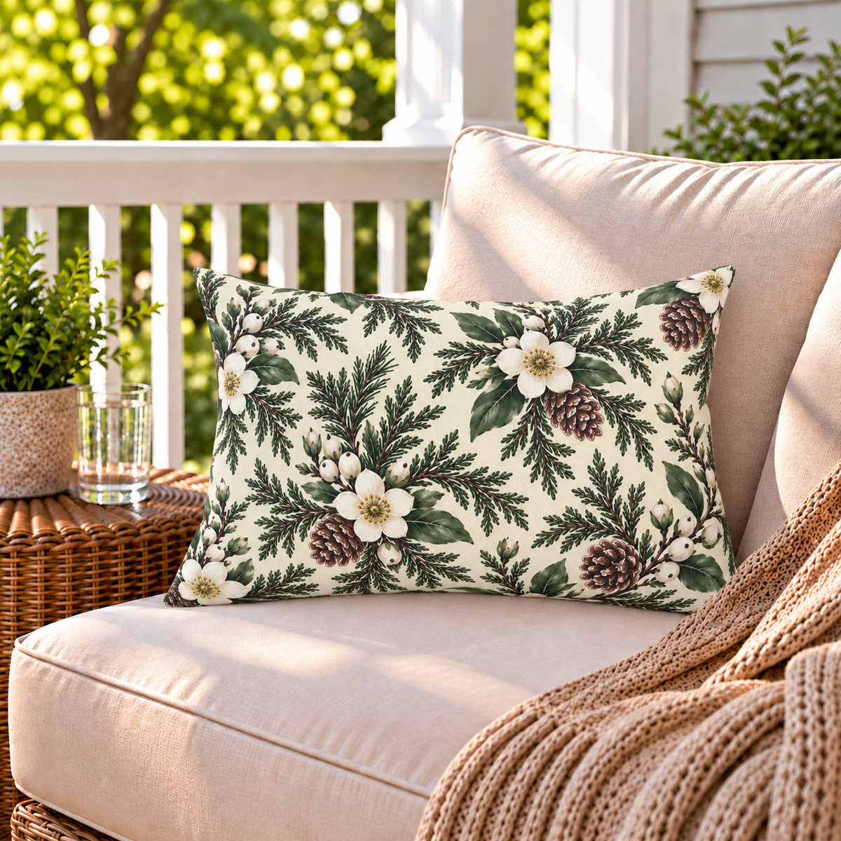Cream outdoor lumbar pillow with white winter blooms and evergreen, second view