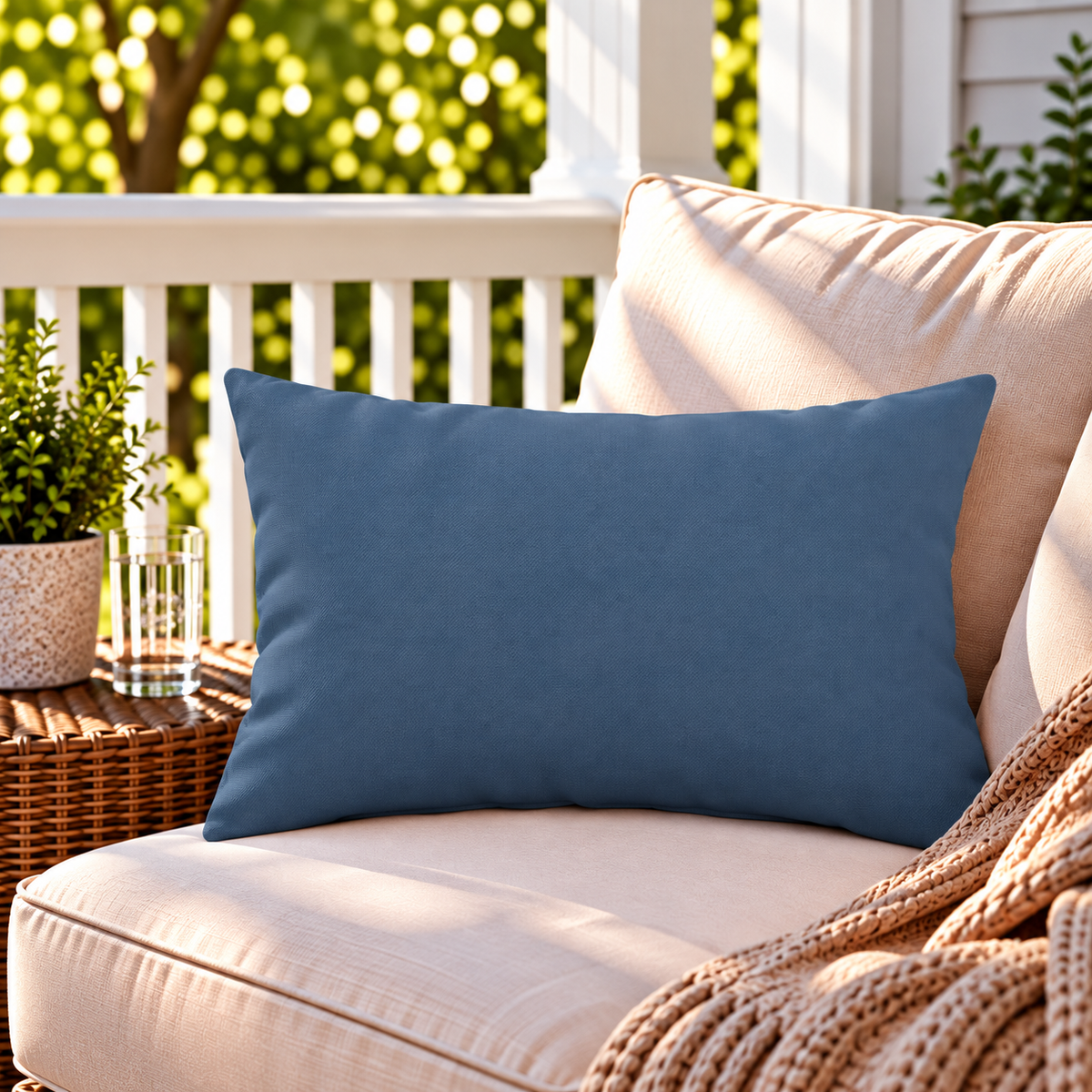 Solid slate blue outdoor lumbar pillow styled on patio furniture