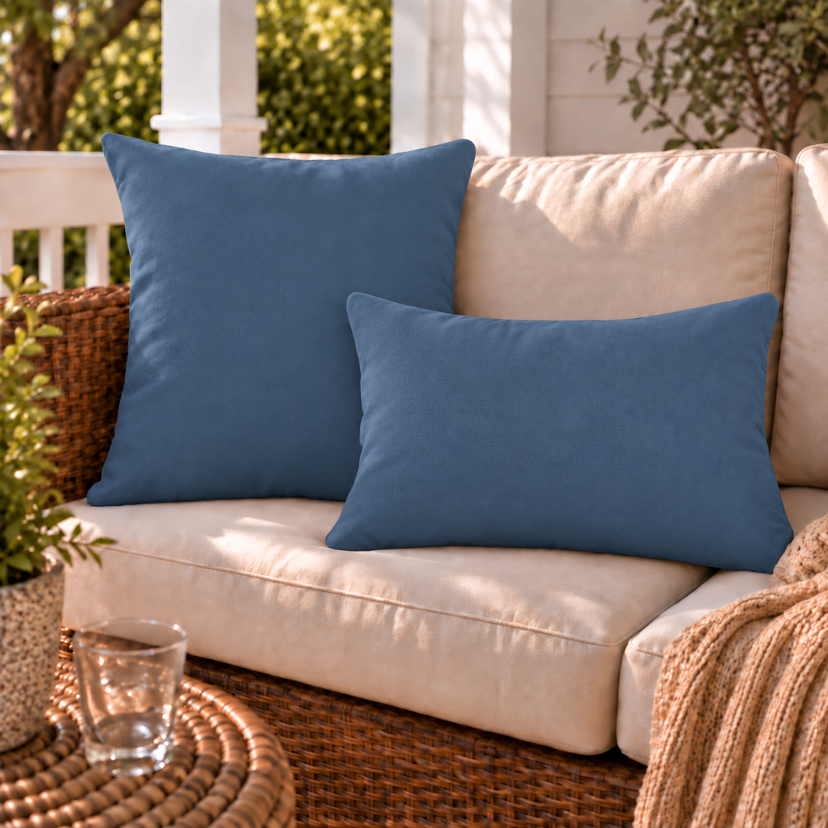 Solid slate blue outdoor pillow and outdoor lumbar pillow styled together as a set