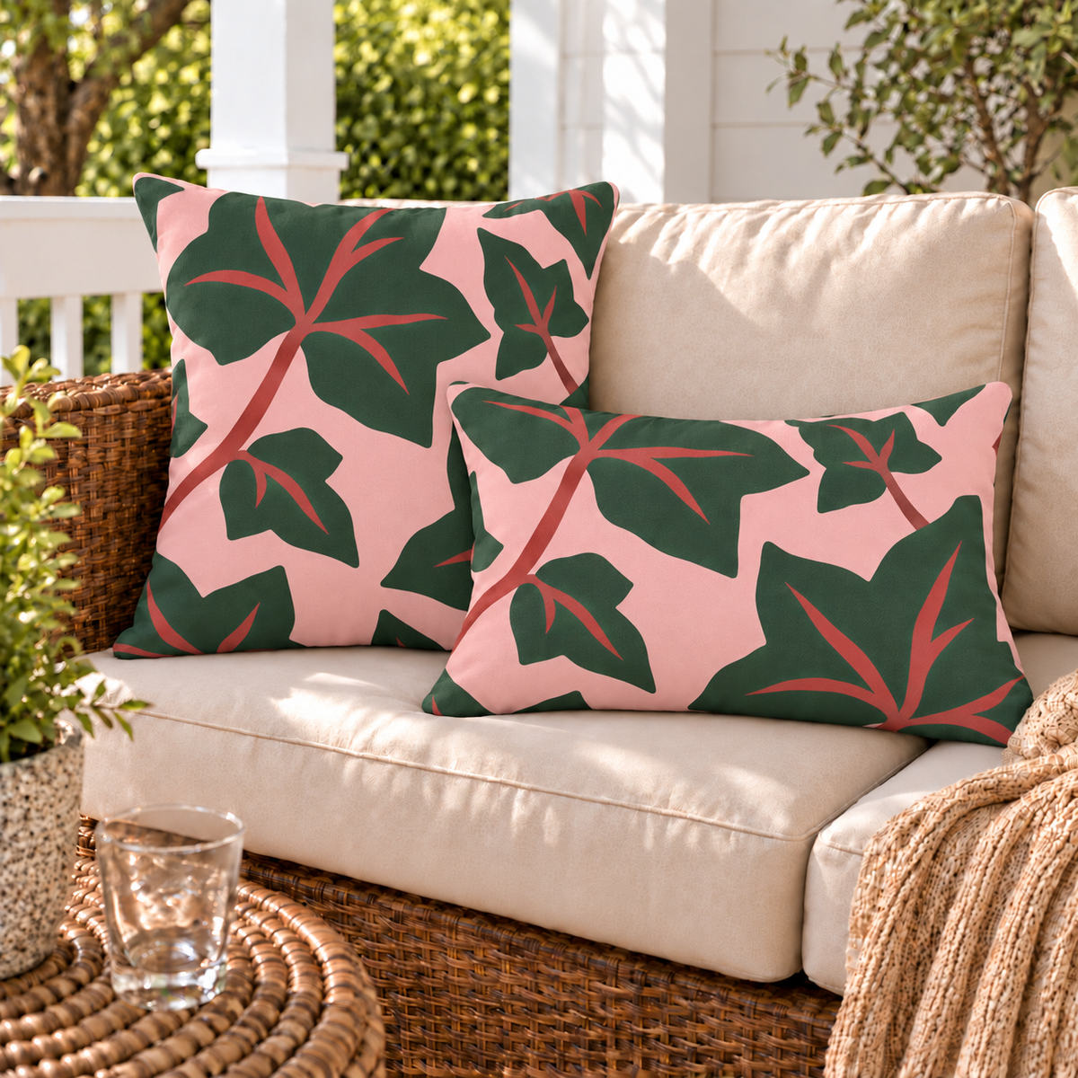 Pink and green ivy leaf outdoor pillow and outdoor lumbar pillow styled together as a set