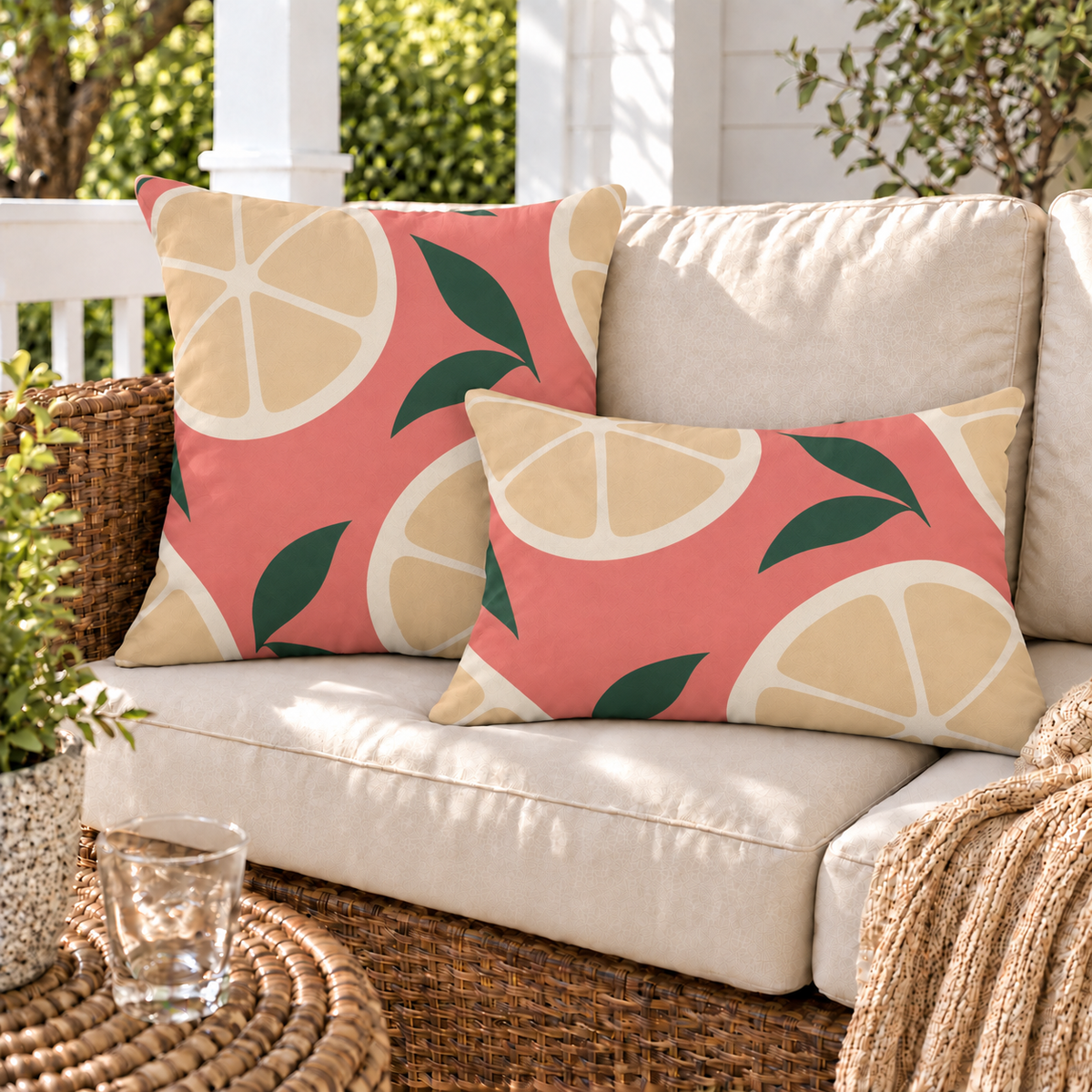Coral citrus slice outdoor pillow and outdoor lumbar pillow styled together as a set