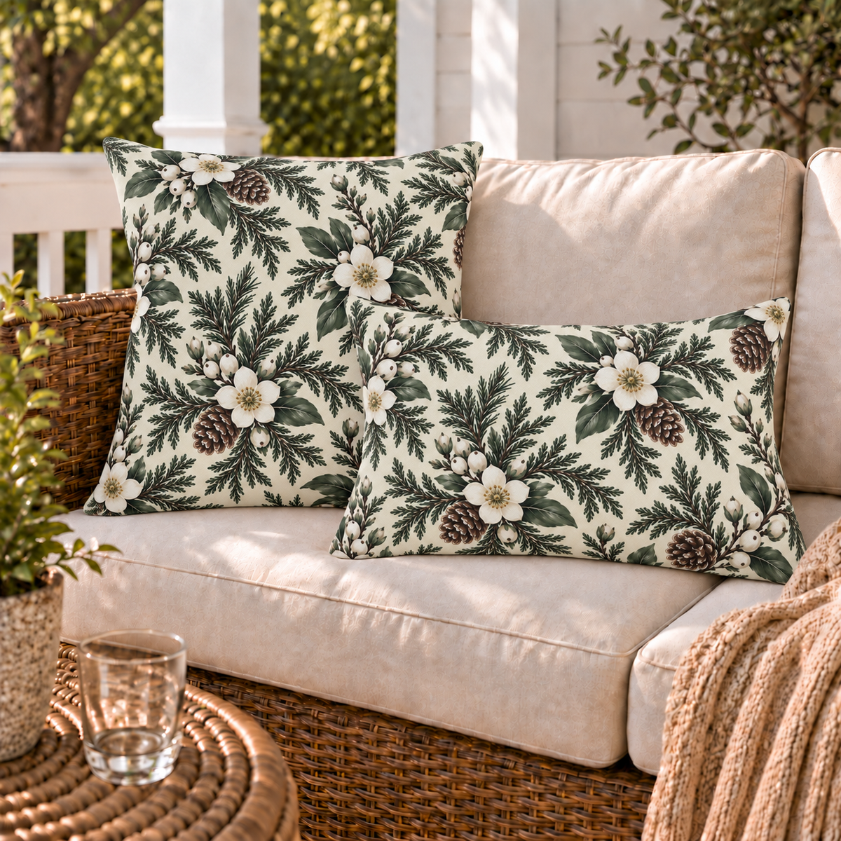 Winter outdoor pillows styled together on a porch sofa