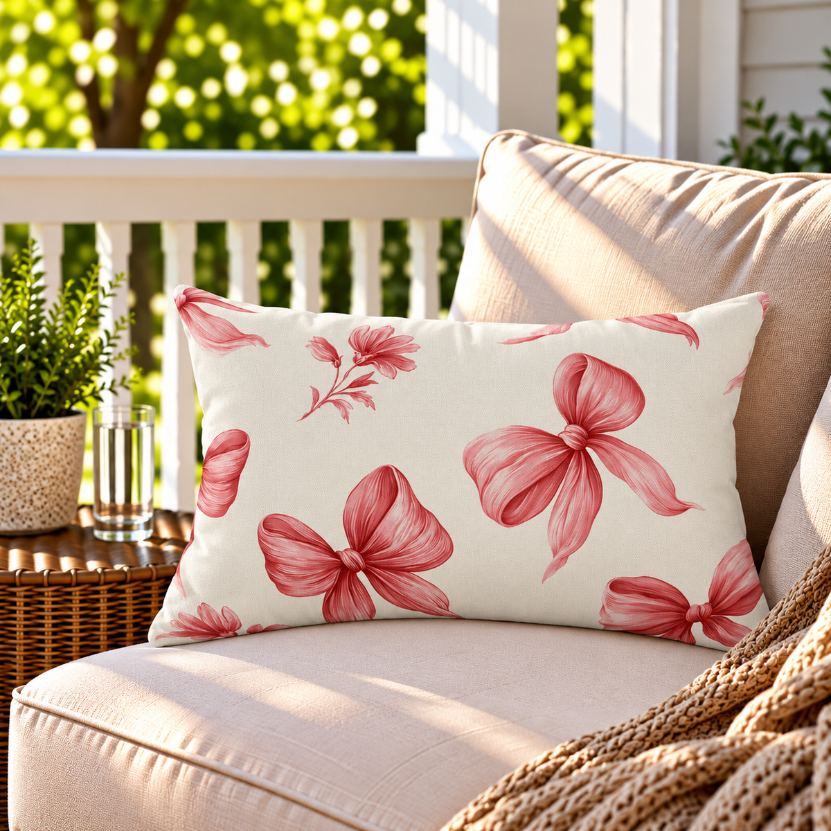 Pink ribbon bow outdoor lumbar pillow styled on patio furniture
