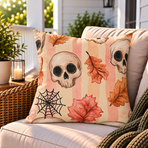 Pink skull and autumn leaf Halloween outdoor pillow styled on patio furniture