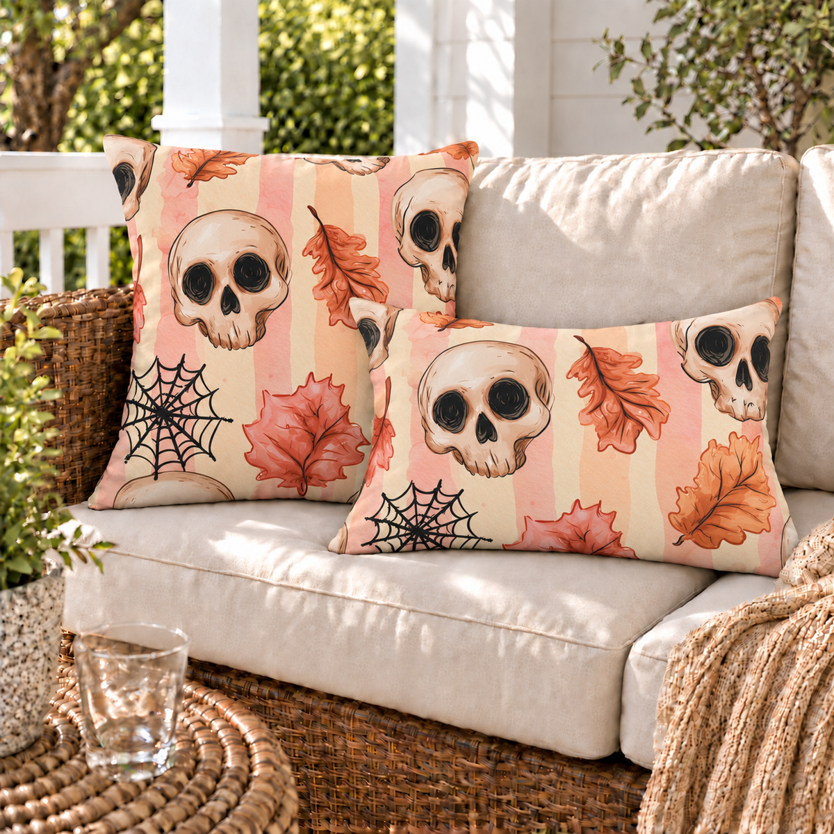 Pink skull and autumn leaf Halloween outdoor pillow and outdoor lumbar pillow styled together as a set
