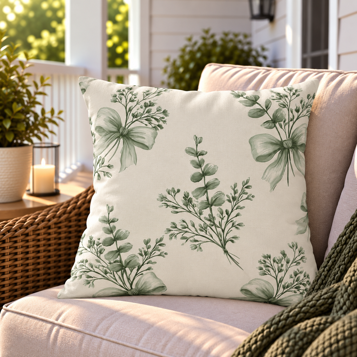 Sage green eucalyptus bow outdoor pillow styled on patio furniture