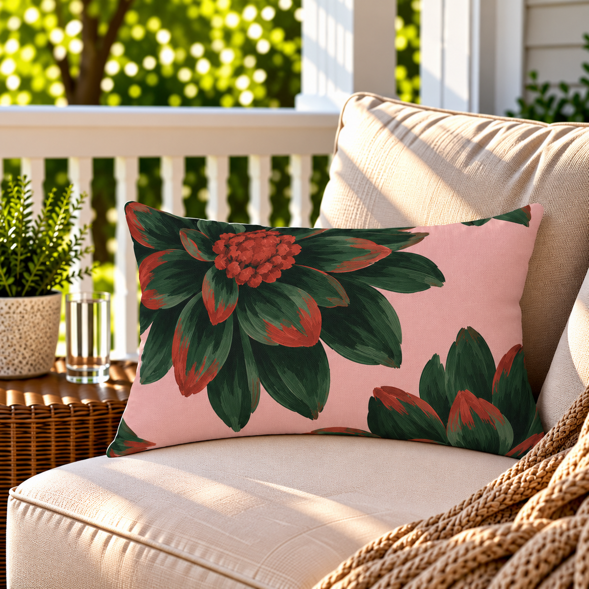 Pink and green dahlia floral outdoor lumbar pillow styled on patio furniture