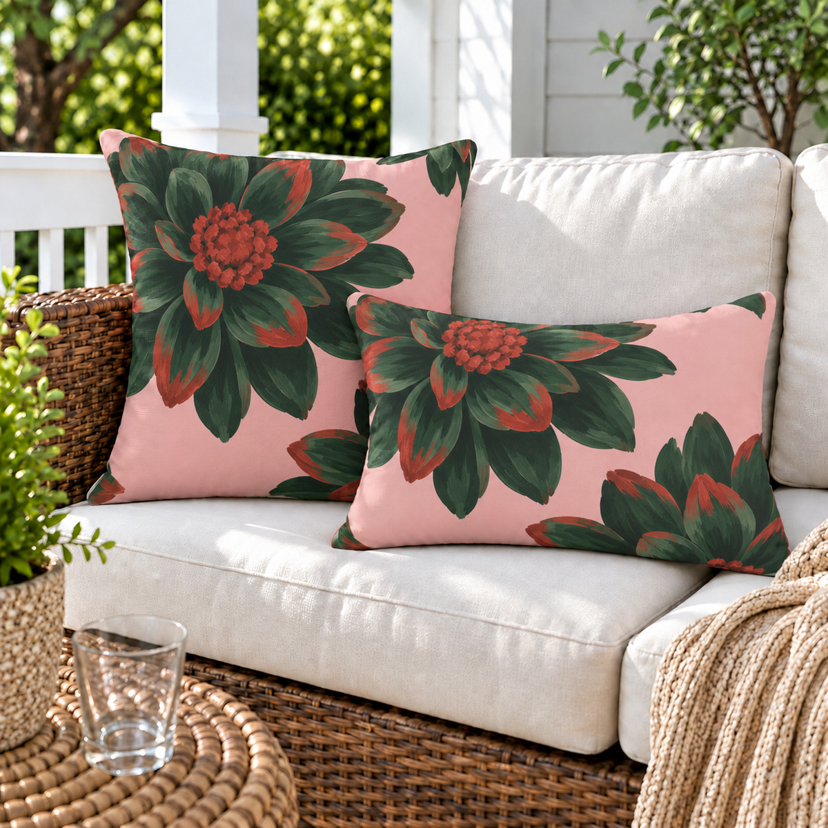 Pink and green dahlia floral outdoor pillow and outdoor lumbar pillow styled together as a set