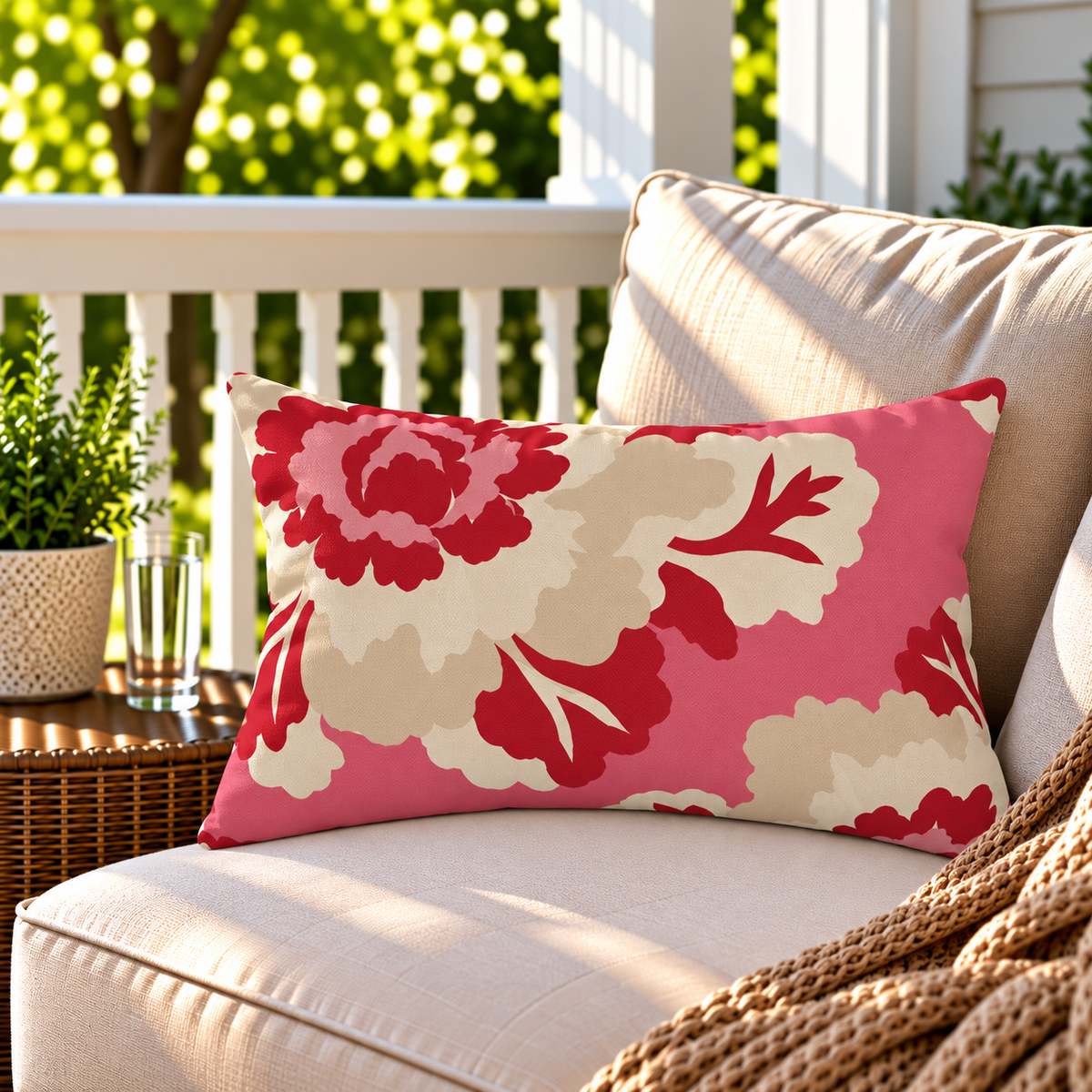 Pink and red peony floral outdoor lumbar pillow styled on patio furniture