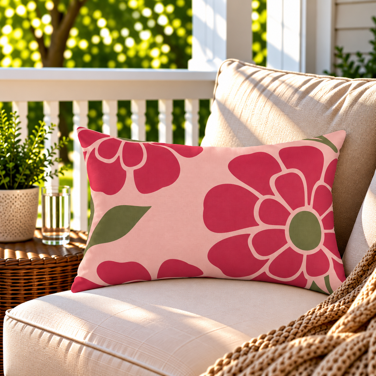 Pink retro flower outdoor lumbar pillow styled on patio furniture