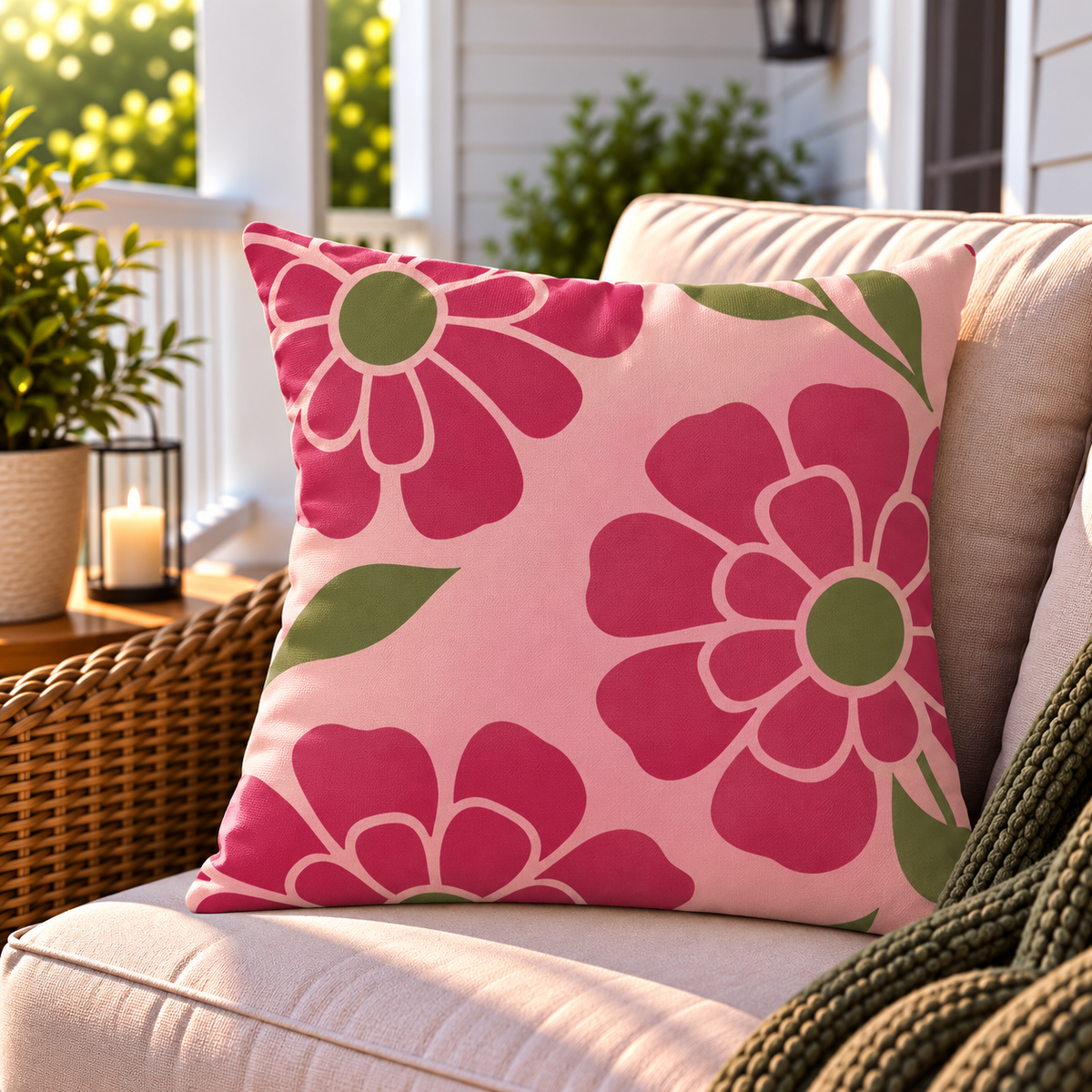 Pink retro flower outdoor pillow styled on patio furniture