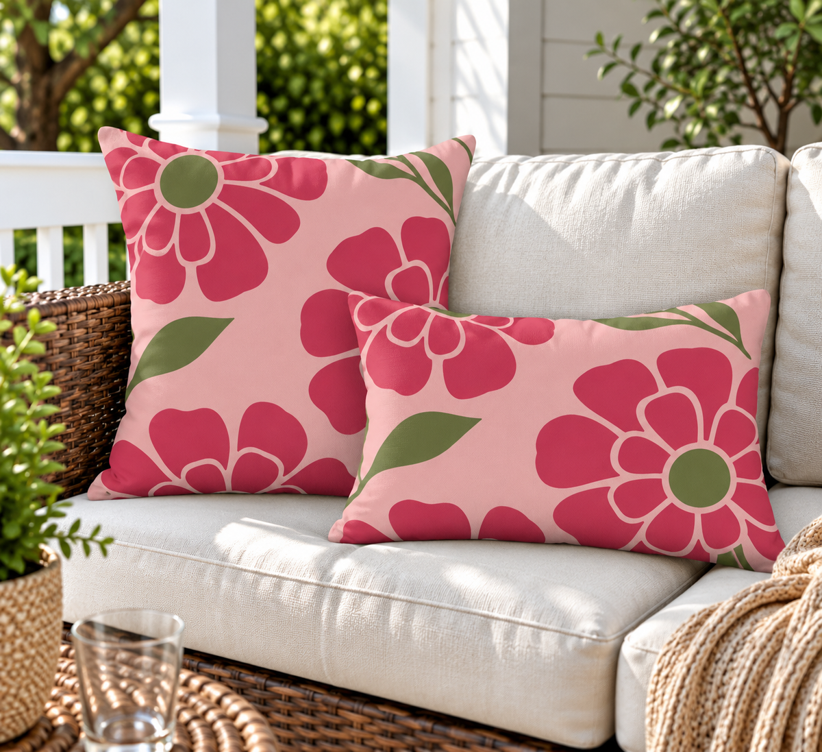 Pink retro flower outdoor pillow and outdoor lumbar pillow styled together as a set