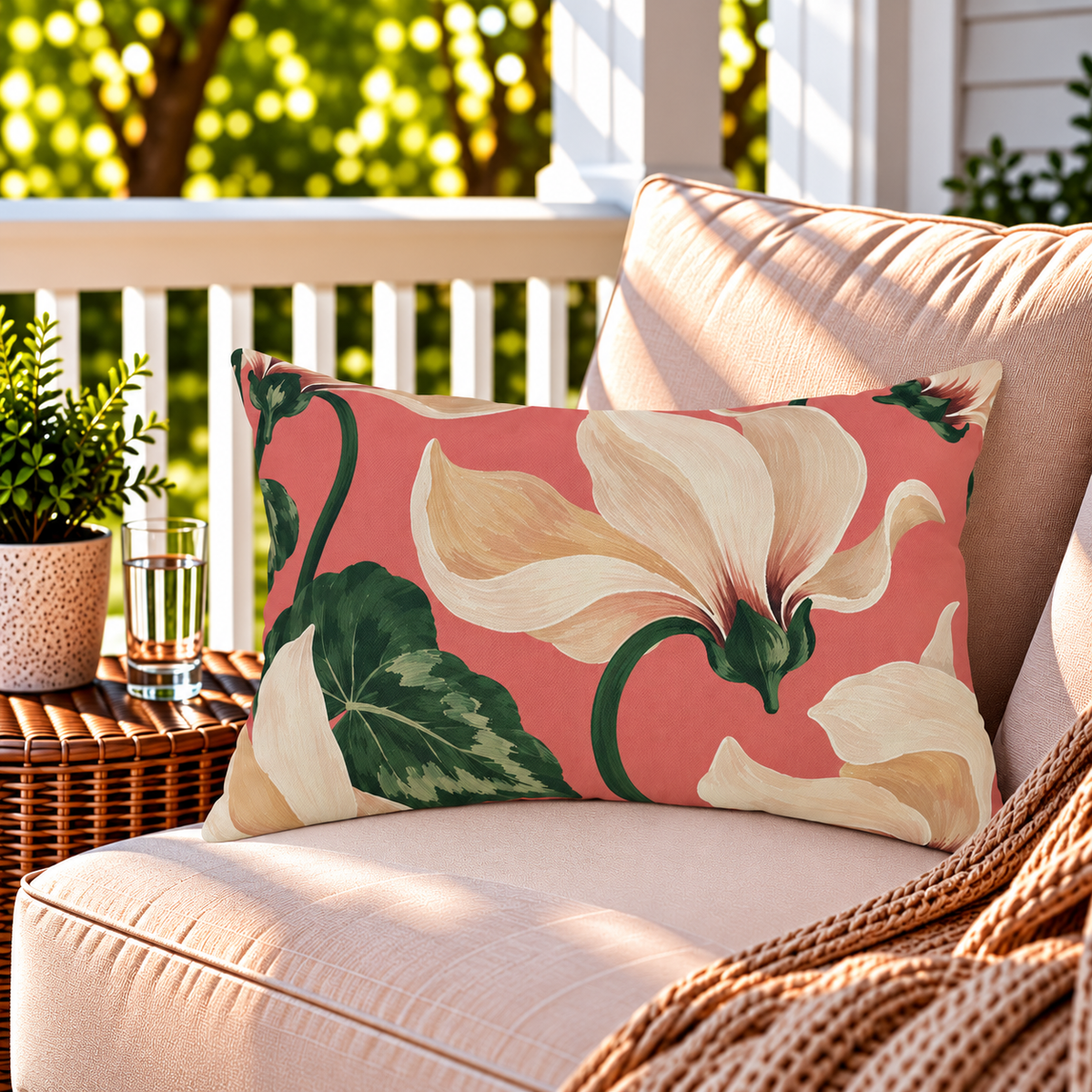 Coral cyclamen floral outdoor lumbar pillow styled on patio furniture