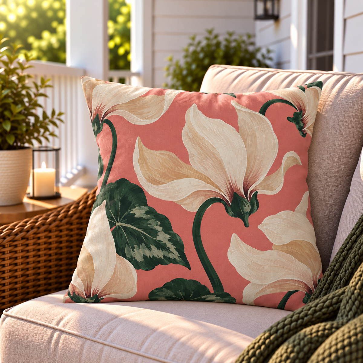 Coral cyclamen floral outdoor pillow styled on patio furniture