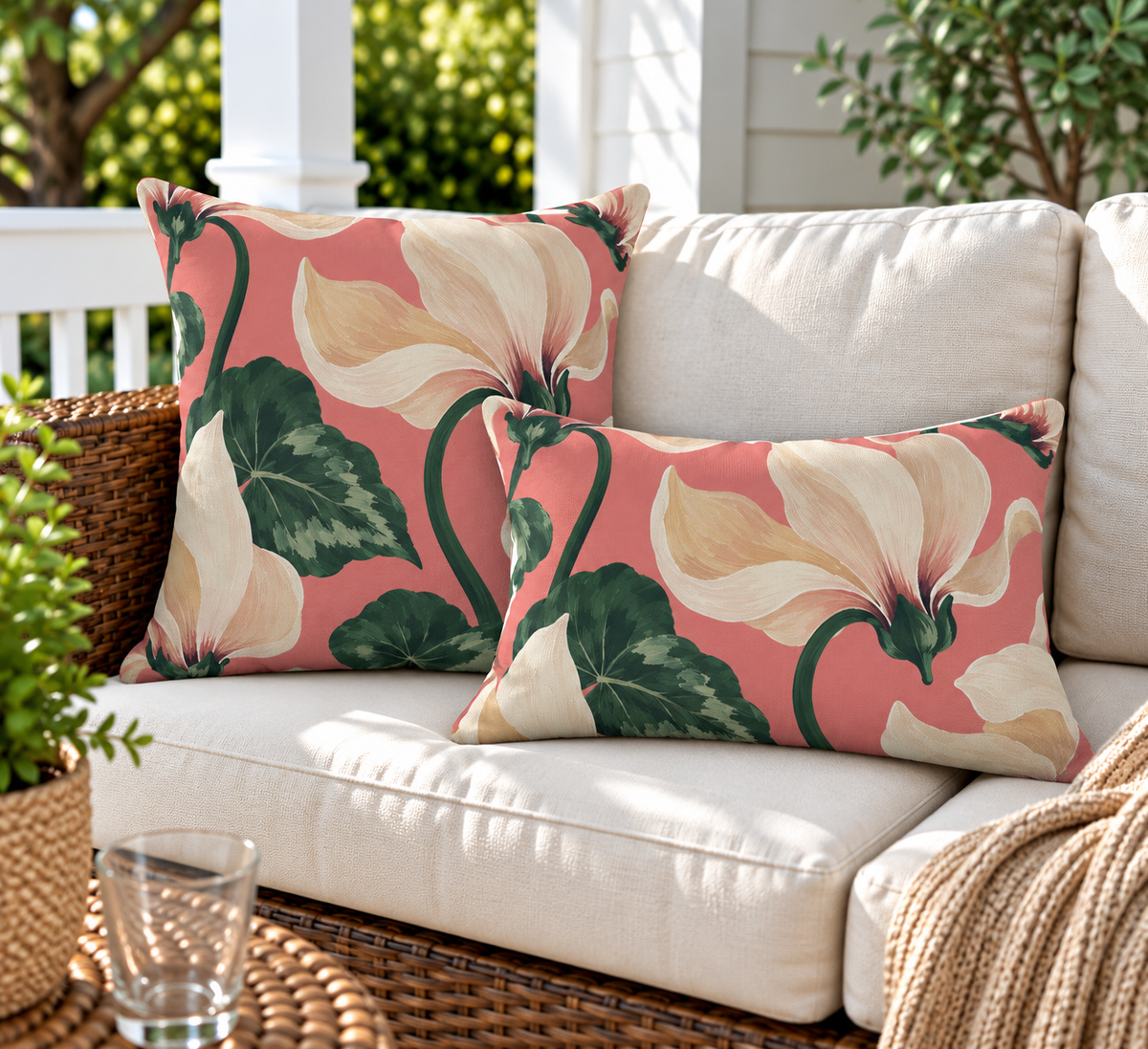 Coral cyclamen floral outdoor pillow and outdoor lumbar pillow styled together as a set