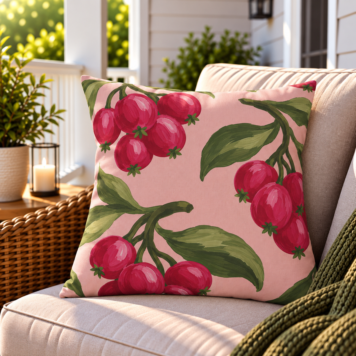 Pink berry outdoor pillow styled on patio furniture