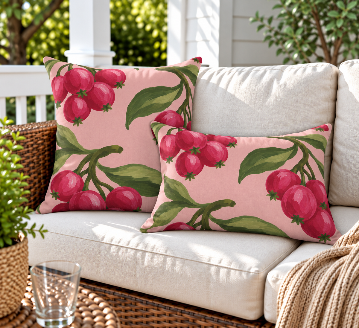 Pink berry outdoor pillow and outdoor lumbar pillow styled together as a set