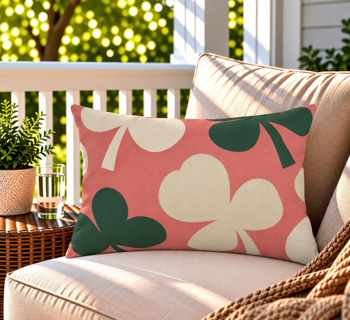 Coral clover leaf outdoor lumbar pillow styled on patio furniture