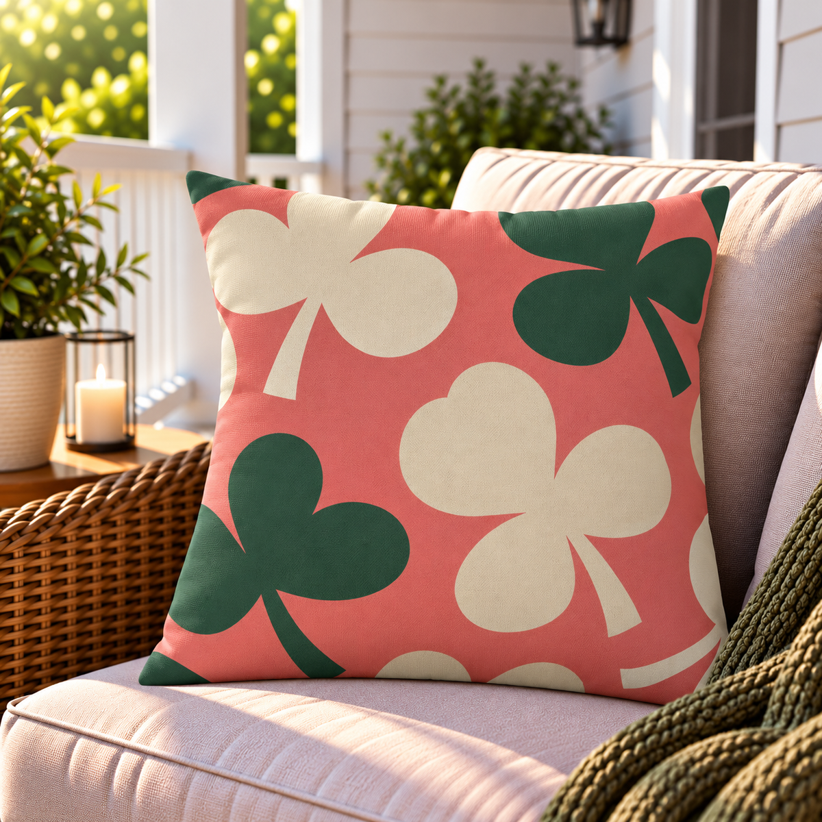 Coral clover leaf outdoor pillow styled on patio furniture