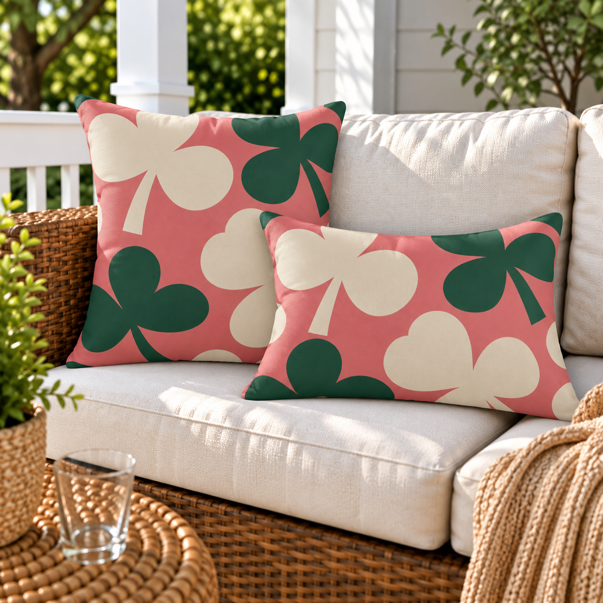 Coral clover leaf outdoor pillow and outdoor lumbar pillow styled together as a set