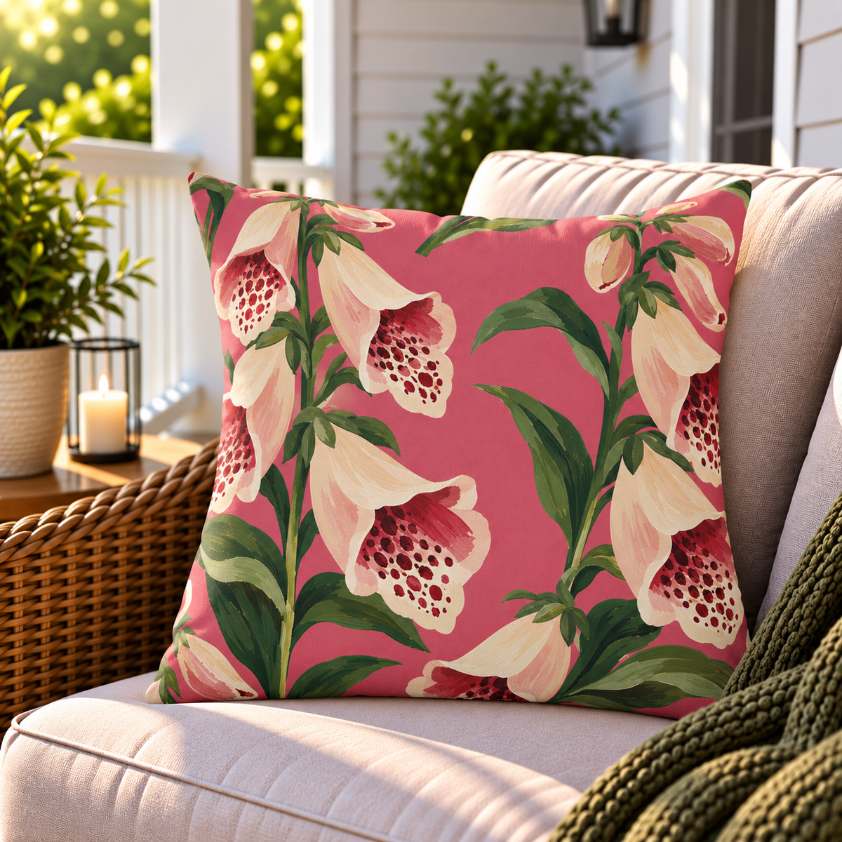 Pink foxglove floral outdoor pillow styled on patio furniture