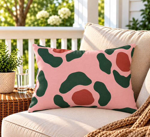 Pink and green abstract rosette outdoor lumbar pillow styled on patio furniture
