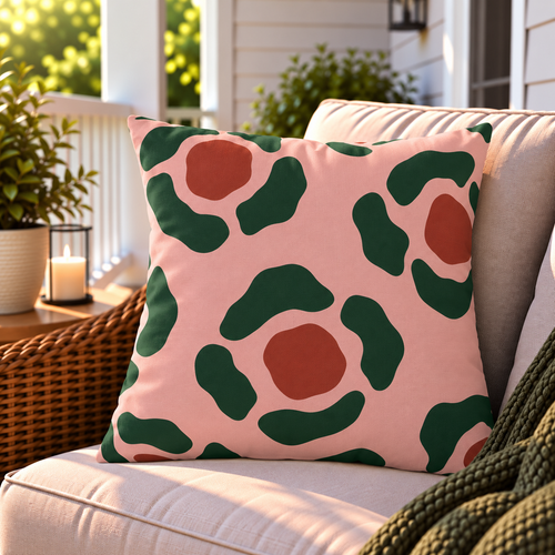 Pink and green abstract rosette outdoor pillow styled on patio furniture