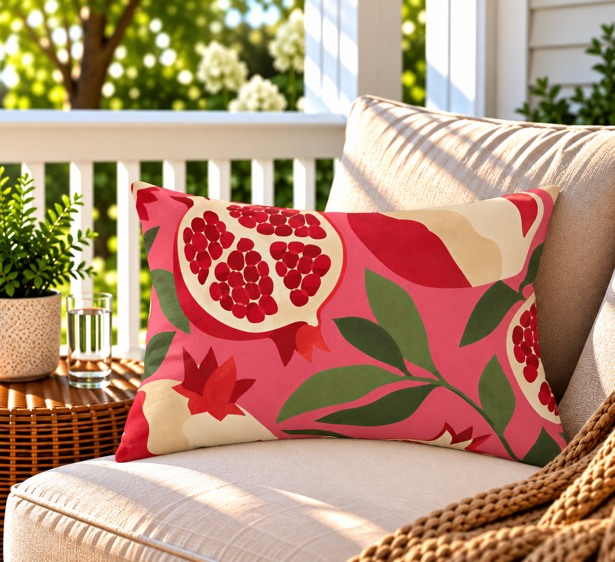 Pink and red pomegranate outdoor lumbar pillow styled on patio furniture