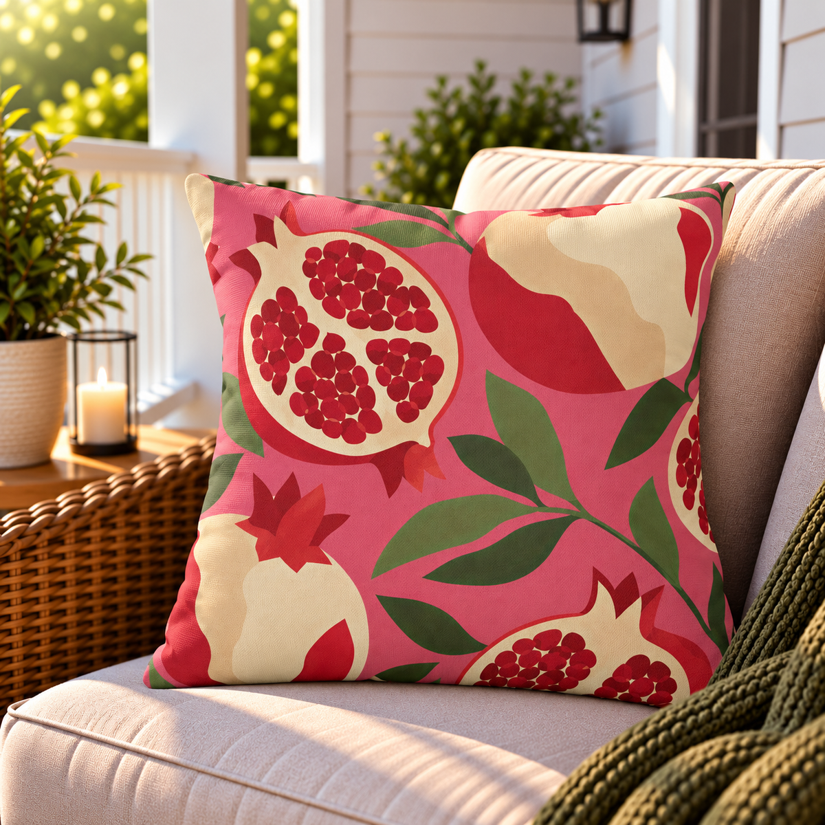 Pink and red pomegranate outdoor pillow styled on patio furniture