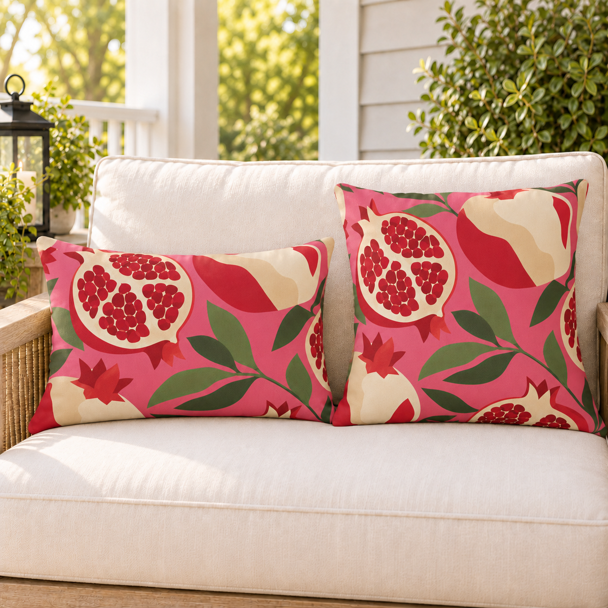 Pink and red pomegranate outdoor pillow and outdoor lumbar pillow styled together as a set