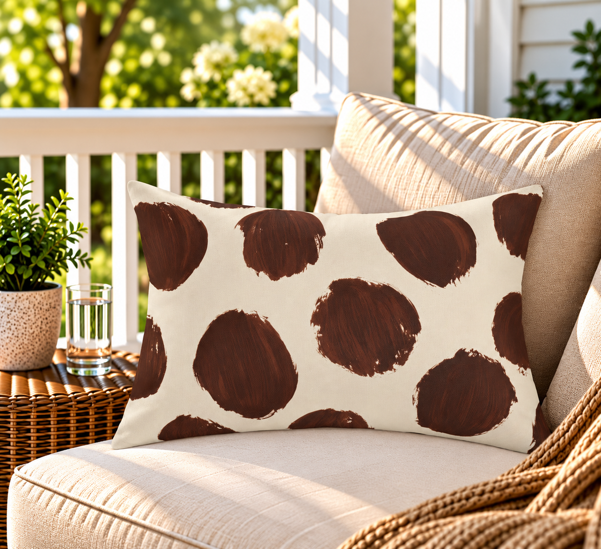 Brown and cream painted polka dot outdoor lumbar pillow styled on patio furniture