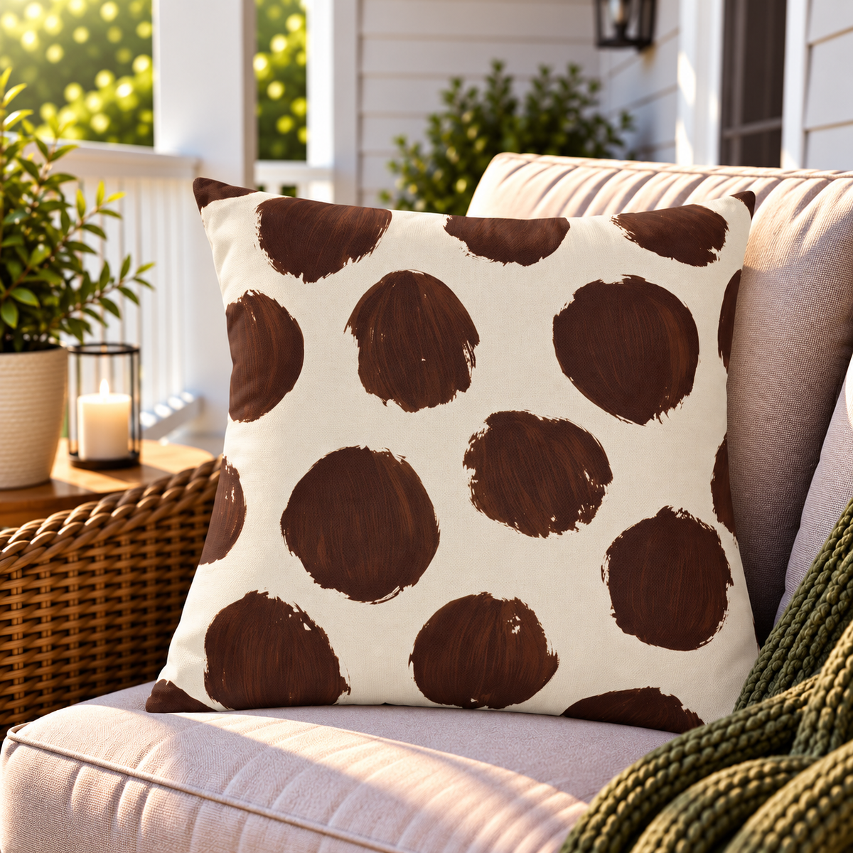 Brown and cream painted polka dot outdoor pillow on a porch armchair with a wicker side and green knit throw
