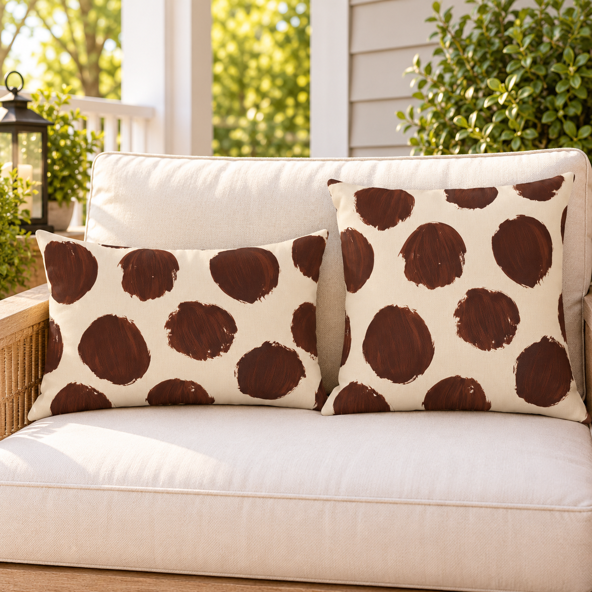 Brown and cream painted polka dot outdoor pillow and outdoor lumbar pillow styled together as a set